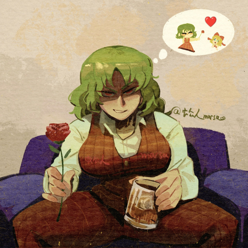 alcohol, chibi, chibi_inset, cup, flower, green_hair, grmarsa, heart