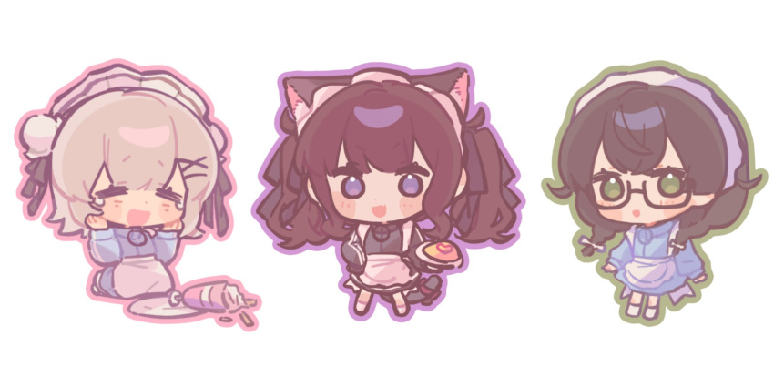 3girls, :d, animal_ears, apron, black-framed_eyewear, black_jacket, blue_jacket, blush