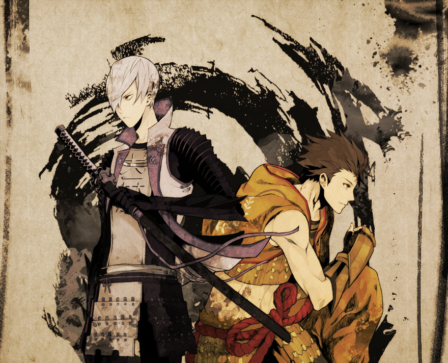 arm_guard, arm_guards, brown_eyes, brown_hair, fingerless_gloves, frown, gloves, grey_hair