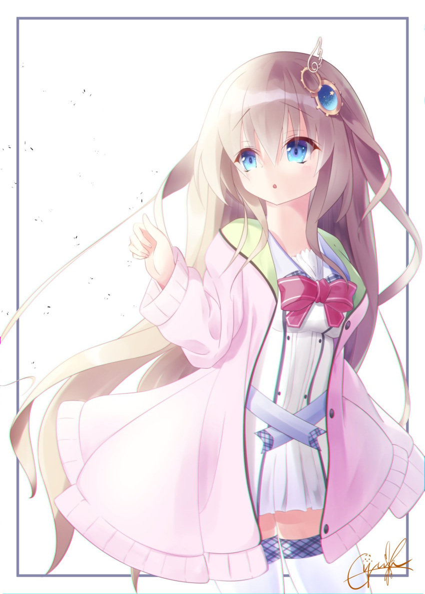1girl, 9-nine-, :o, belt, blue_eyes, blush, border, bow