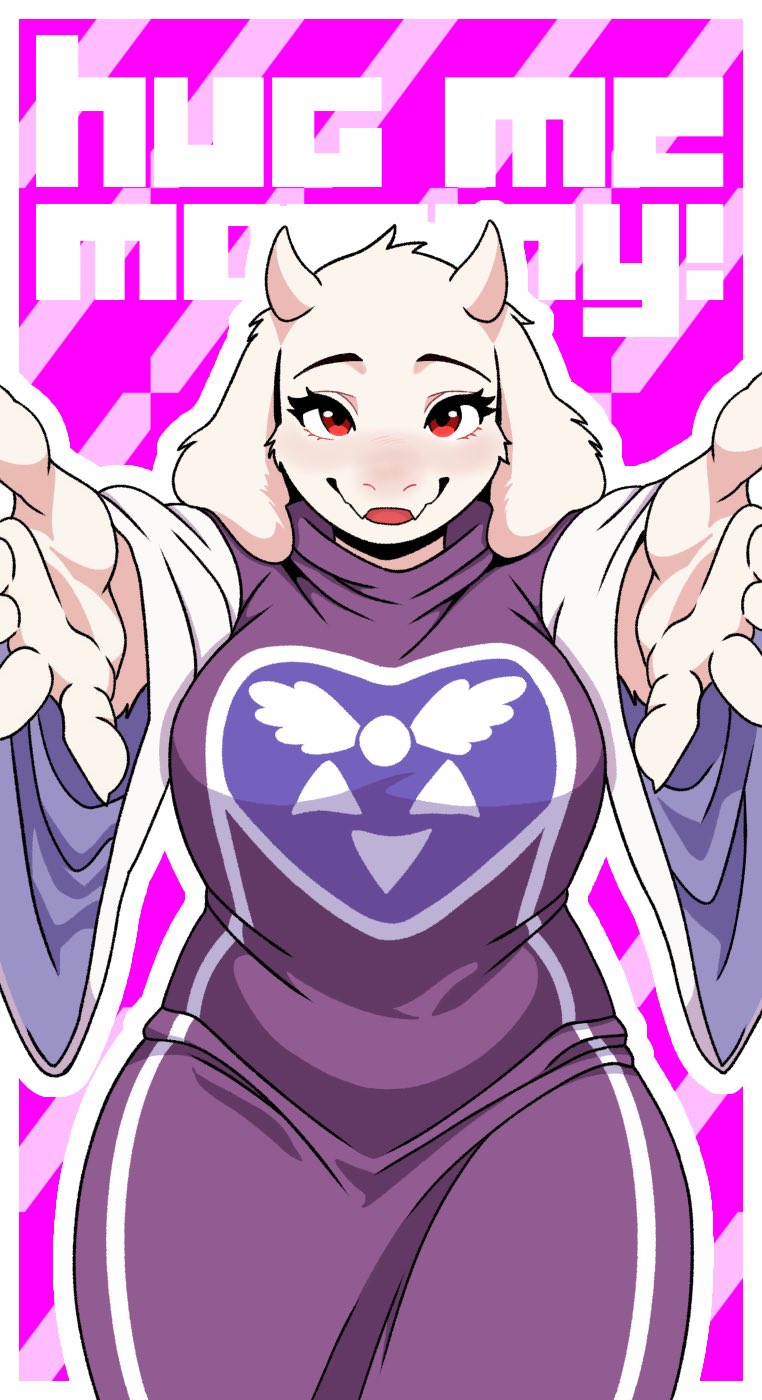 1girl, animal_ears, fangs, furry, furry_female, goat_ears, goat_girl, goat_horns, highres, horns, hug_invitation, looking_at_viewer, open_mouth, outstretched_arm, red_eyes, robe, samme_hacci, skin_fangs, smile, solo, toriel, undertale, utdr_(toby_fox), white_fur, wide_sleeves