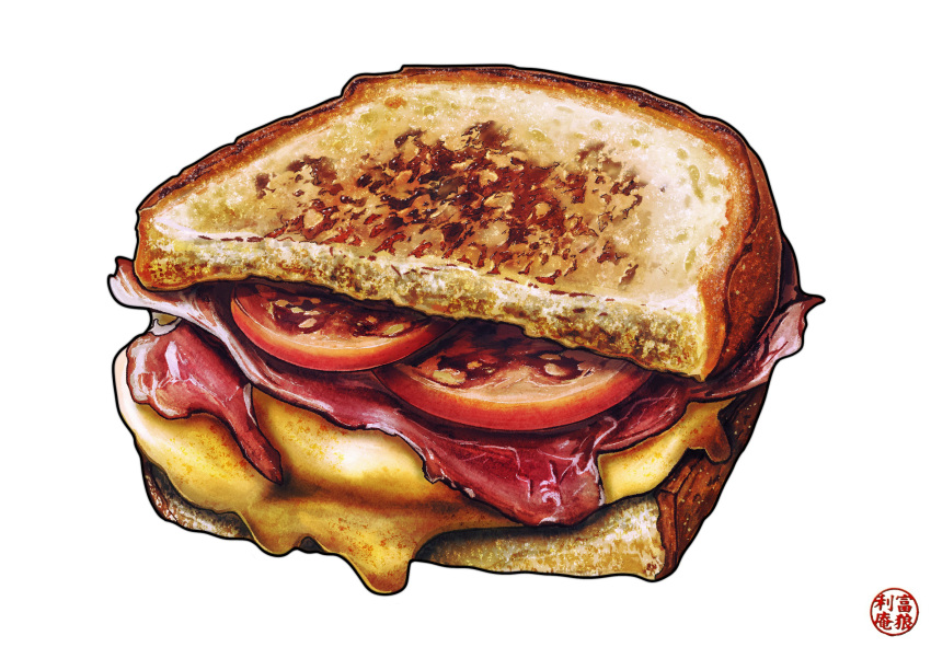 art_neverath, artist_logo, bacon, bread, bread_slice, cheese, english_commentary, food, food_focus, highres, logo, meat, no_humans, original, procreate_(medium), sandwich, simple_background, toast, tomato, tomato_slice, white_background