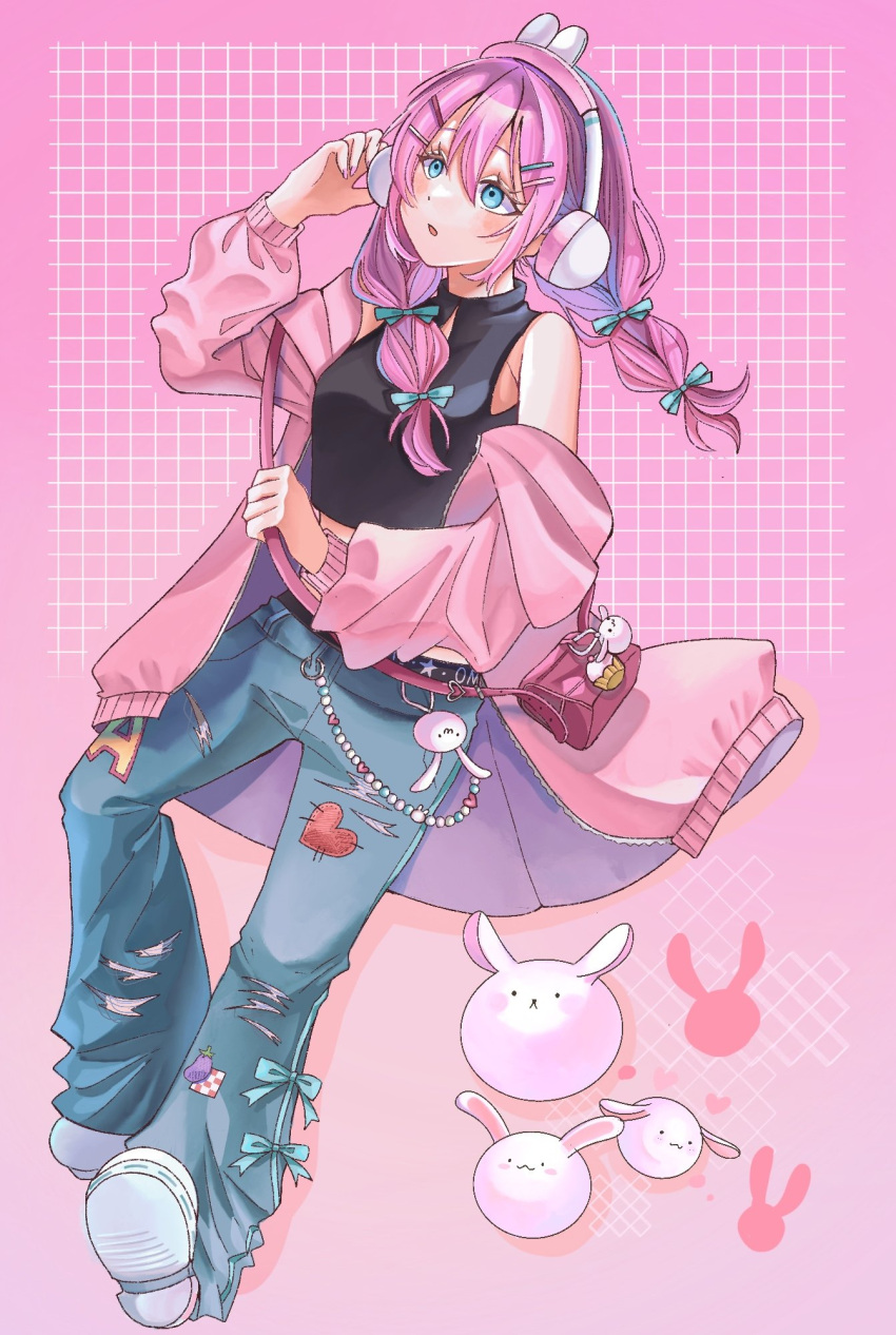 1girl, animal_ear_headphones, animal_ears, asaoka_born14, aubrey_(birthday)_(omori), aubrey_(faraway)_(omori), aubrey_(omori), bag