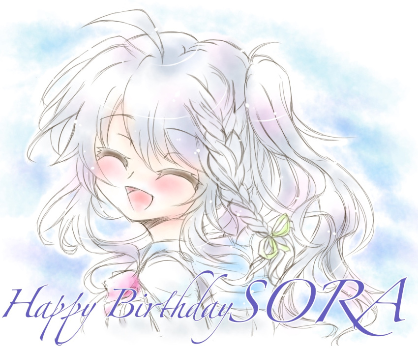 1girl, 9-nine-, :d, ^_^, ahoge, blue_background, blush, bow