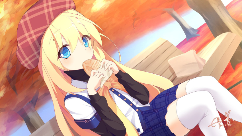 1girl, 2020, autumn, bench, beret, blonde_hair, blue_eyes, blue_skirt, buttons, clover_days, commentary_request, dated, day, dutch_angle, eating, eijunesound, eyes_visible_through_hair, feet_out_of_frame, food, hair_between_eyes, hands_up, hat, highres, holding, holding_food, layered_sleeves, light_blush, long_hair, long_sleeves, looking_at_viewer, miniskirt, on_bench, outdoors, park, park_bench, plaid_clothes, plaid_hat, plaid_skirt, pleated_skirt, red_hat, school_uniform, shirt, short_over_long_sleeves, short_sleeves, sidelocks, signature, sitting, skirt, solo, straight_hair, taiyaki, takakura_anzu, thigh-highs, tree, very_long_hair, wagashi, white_shirt, white_thighhighs, zettai_ryouiki
