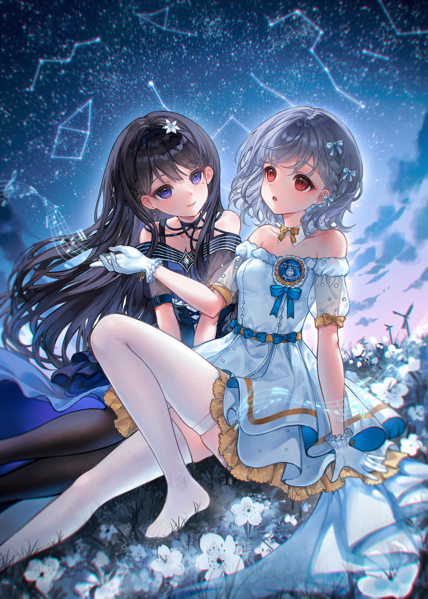 2girls, absurdres, bang_dream!, bang_dream!_it's_mygo!!!!!, black_choker, black_dress, black_hair, black_pantyhose, blue_bow, blue_dress, bow, bowtie, braid, choker, closed_mouth, commentary, commission, constellation, dress, earrings, english_commentary, field, flower, flower_field, gloves, grey_hair, hair_bow, highres, ichitata, jewelry, long_hair, multiple_girls, musical_note, no_shoes, off-shoulder_dress, off_shoulder, pantyhose, red_eyes, shiina_taki, short_hair, side_braid, single_earring, sitting, skindentation, sky, star_(sky), starry_sky, takamatsu_tomori, thigh-highs, violet_eyes, white_gloves, white_thighhighs, yellow_bow, yellow_bowtie