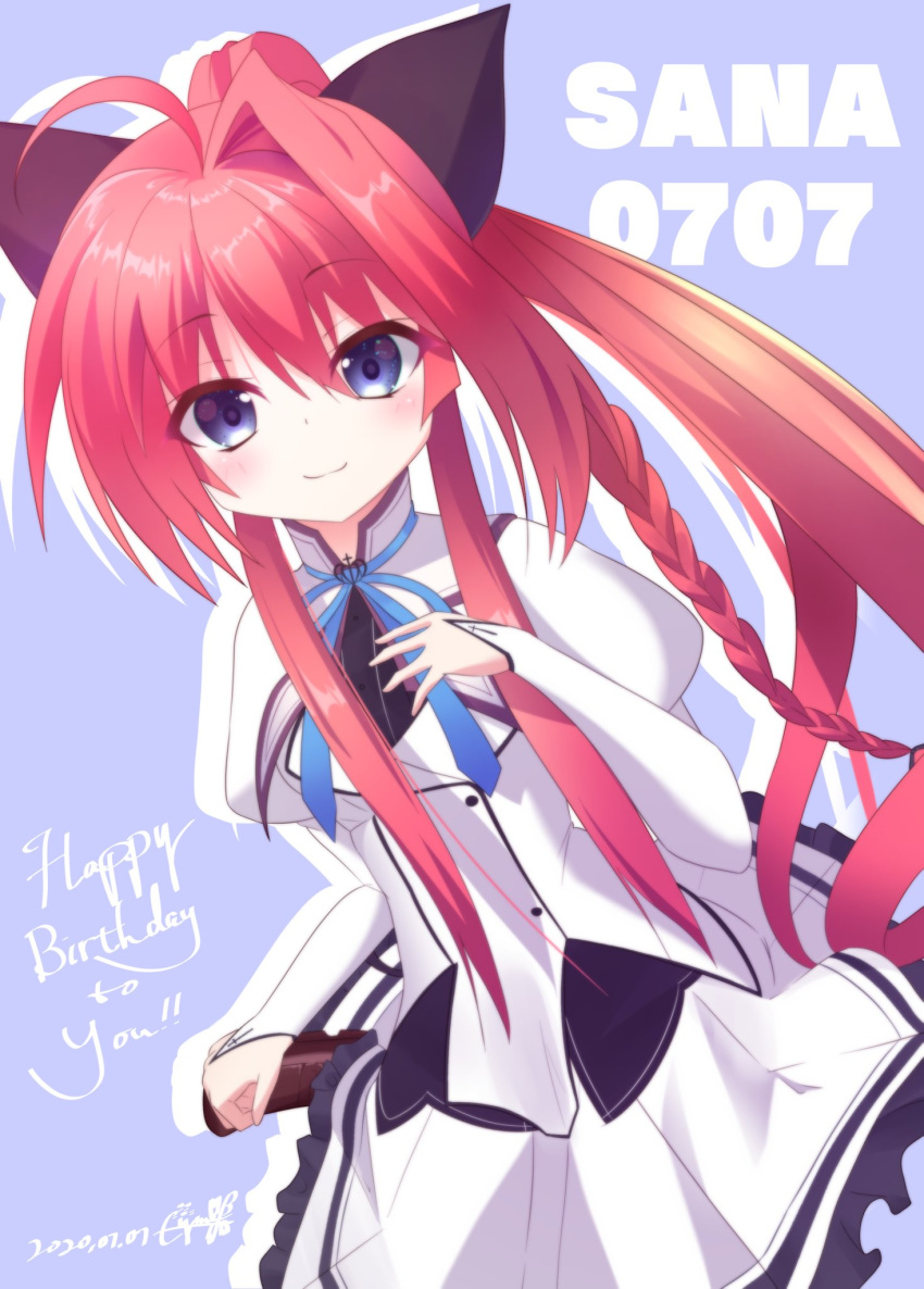 1girl, 2020, :3, ahoge, black_bow, blue_eyes, blue_ribbon, blush, bow, braid, character_name, closed_mouth, collared_shirt, commentary_request, cowboy_shot, dated, drop_shadow, dutch_angle, eijunesound, eyes_visible_through_hair, frilled_skirt, frills, hair_between_eyes, hair_bow, hand_up, happy, happy_birthday, highres, huge_bow, inui_sana, juliet_sleeves, long_hair, long_sleeves, looking_at_viewer, mashiroiro_symphony, miniskirt, neck_ribbon, pleated_skirt, ponytail, puffy_sleeves, red_hair, ribbon, school_uniform, shirt, sidelocks, signature, single_braid, single_hair_intake, skirt, smile, solo, very_long_hair, white_shirt, white_skirt