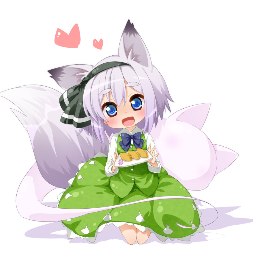 aburaage, animal_ears, blue_eyes, blush, chibi, eyebrows, fang, food, fox_ears, fox_tail, ghost, hairband, headphones, heart, highres, hitodama, inarizushi, jigatei_(omijin), kemonomimi_mode, kneeling, konpaku_youmu, konpaku_youmu_(ghost), myon, omijin, plate, short_hair, simple_background, smile, solo, sushi, tail, touhou, white_hair