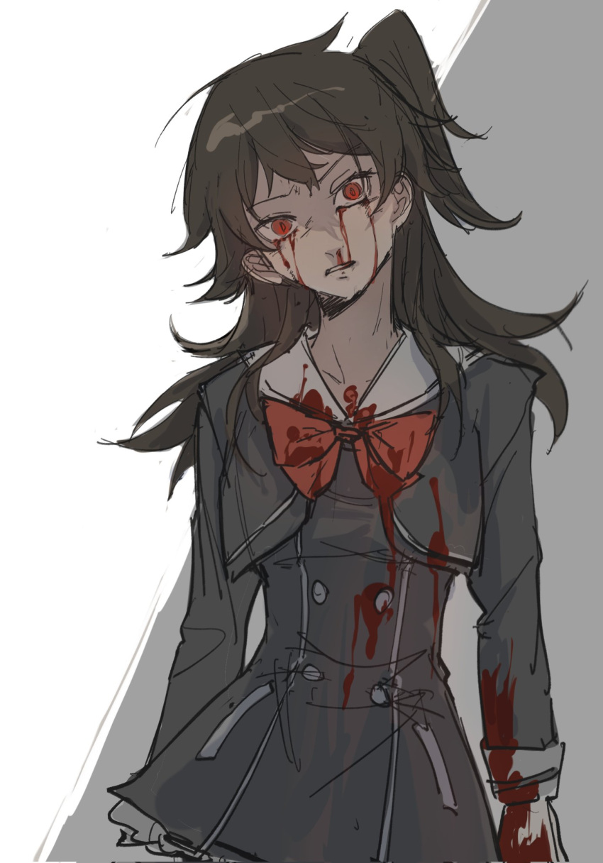 1girl, acminaasonde, black_hair, blood, blood_from_eyes, blood_on_arm, blood_on_clothes, blood_on_face