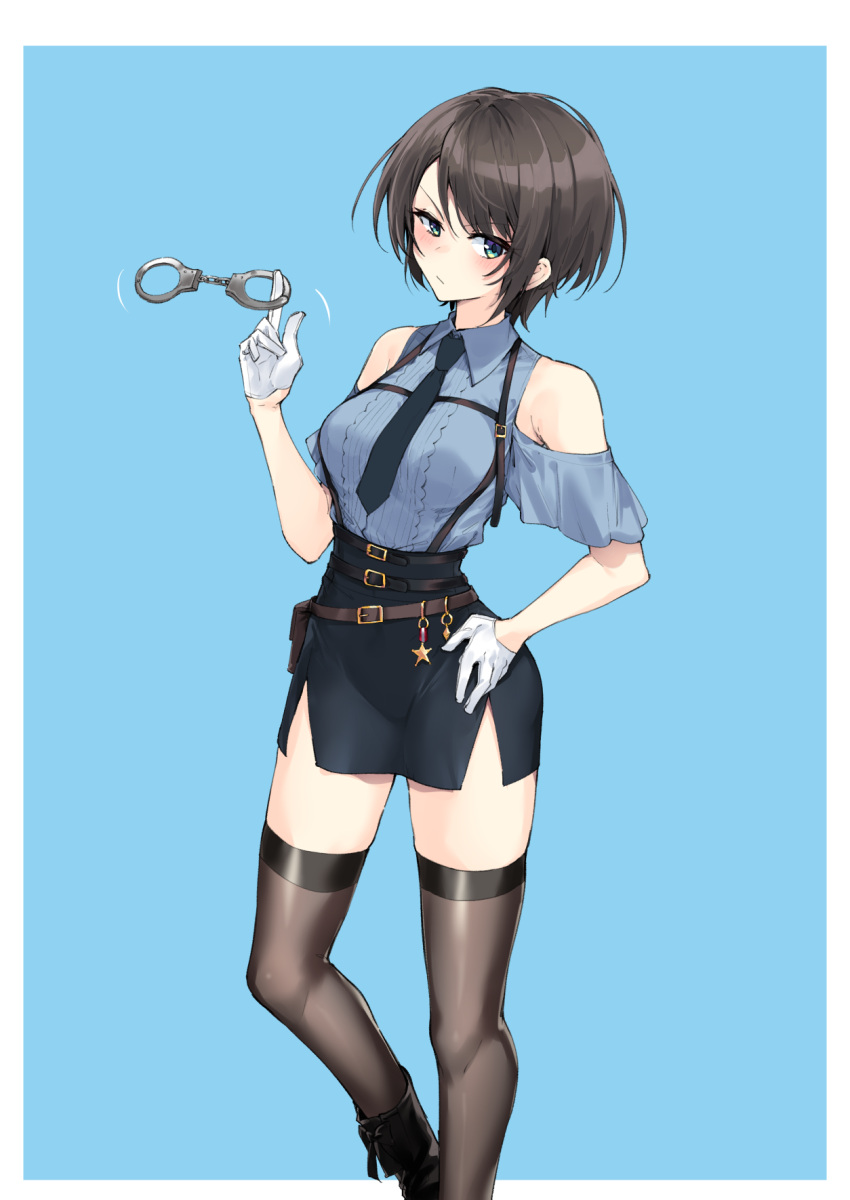 1girl, alternate_costume, belt, belt_pouch, black_hair, black_necktie, black_skirt, blue_background