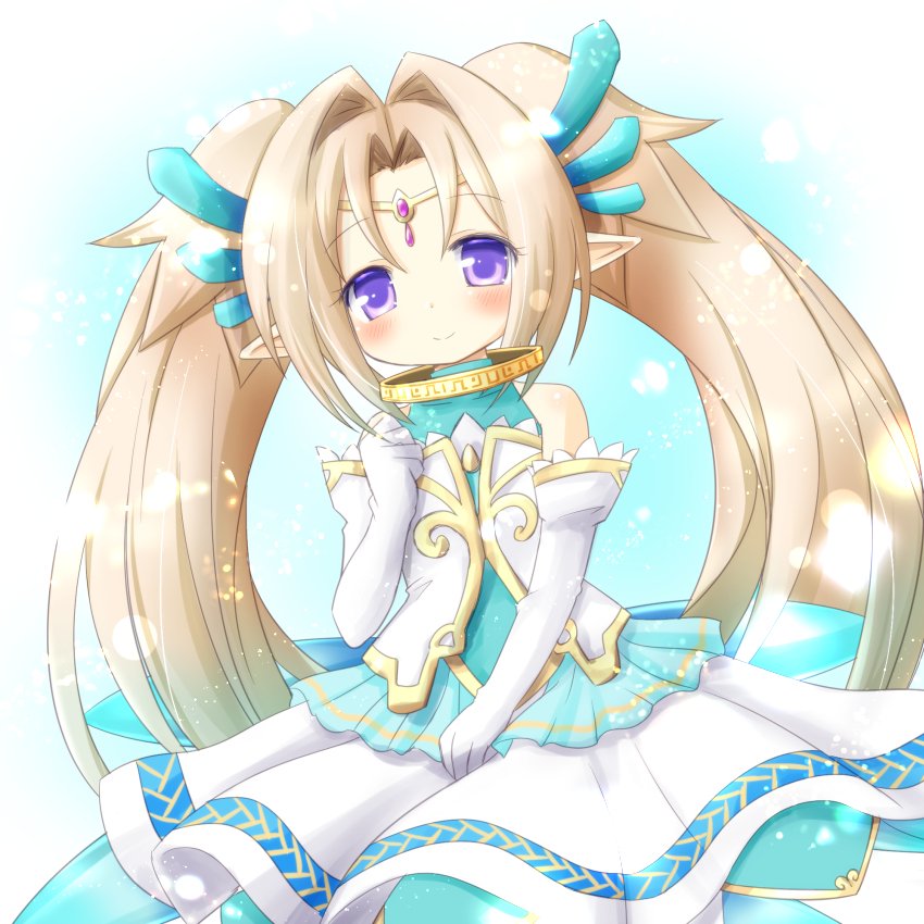 1girl, akino_sakura, bare_shoulders, blonde_hair, dress, elbow_gloves, emil_chronicle_online, gloves, green_dress, horns, light_smile, pointy_ears, seahorse_alma, twintails, two-tone_dress, violet_eyes, white_gloves