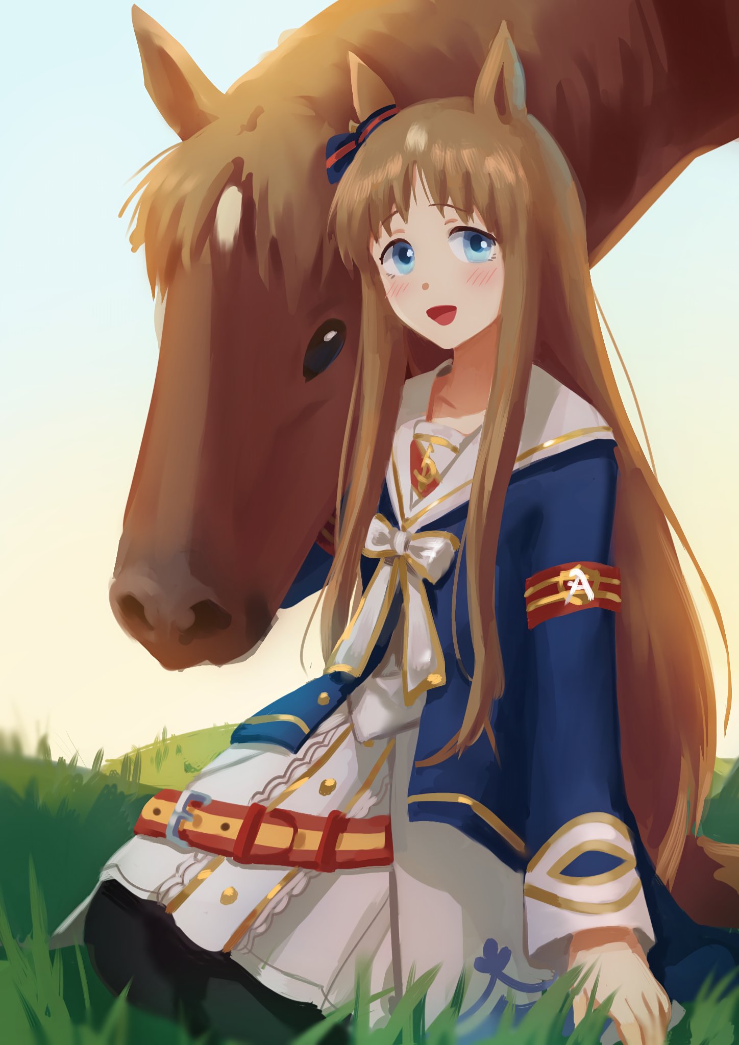 1girl, animal_ears, black_pantyhose, blue_eyes, blue_jacket, blush, bow, brown_hair