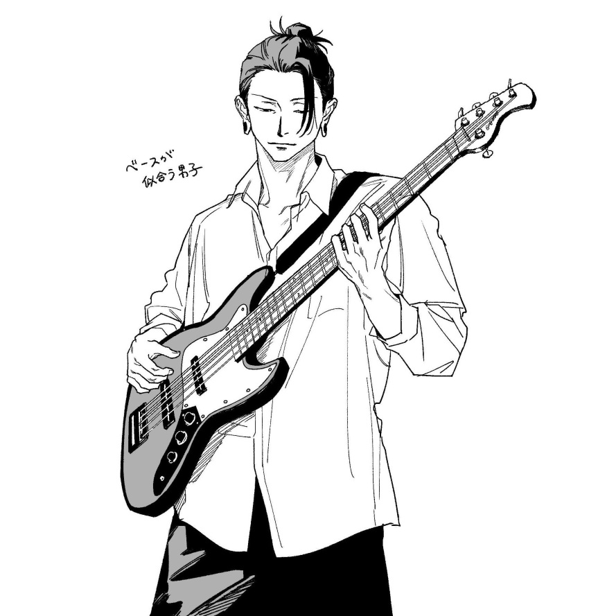 1boy, black_hair, collared_shirt, commentary_request, cowboy_shot, earrings, getou_suguru, greyscale, guitar, hair_bun, hair_slicked_back, highres, holding, holding_guitar, holding_instrument, instrument, jewelry, jujutsu_kaisen, looking_at_object, male_focus, monochrome, music, ntyk_no, playing_guitar, playing_instrument, shirt, simple_background, solo, stud_earrings, translation_request, white_background, white_shirt