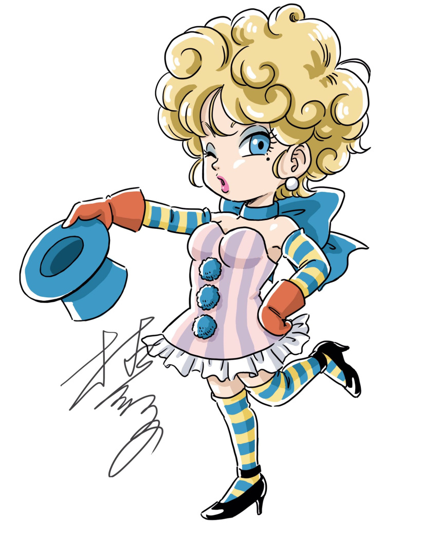1girl, alternate_design, black_shoes, blonde_hair, blue_bow, blue_eyes, blue_eyeshadow, blue_hat
