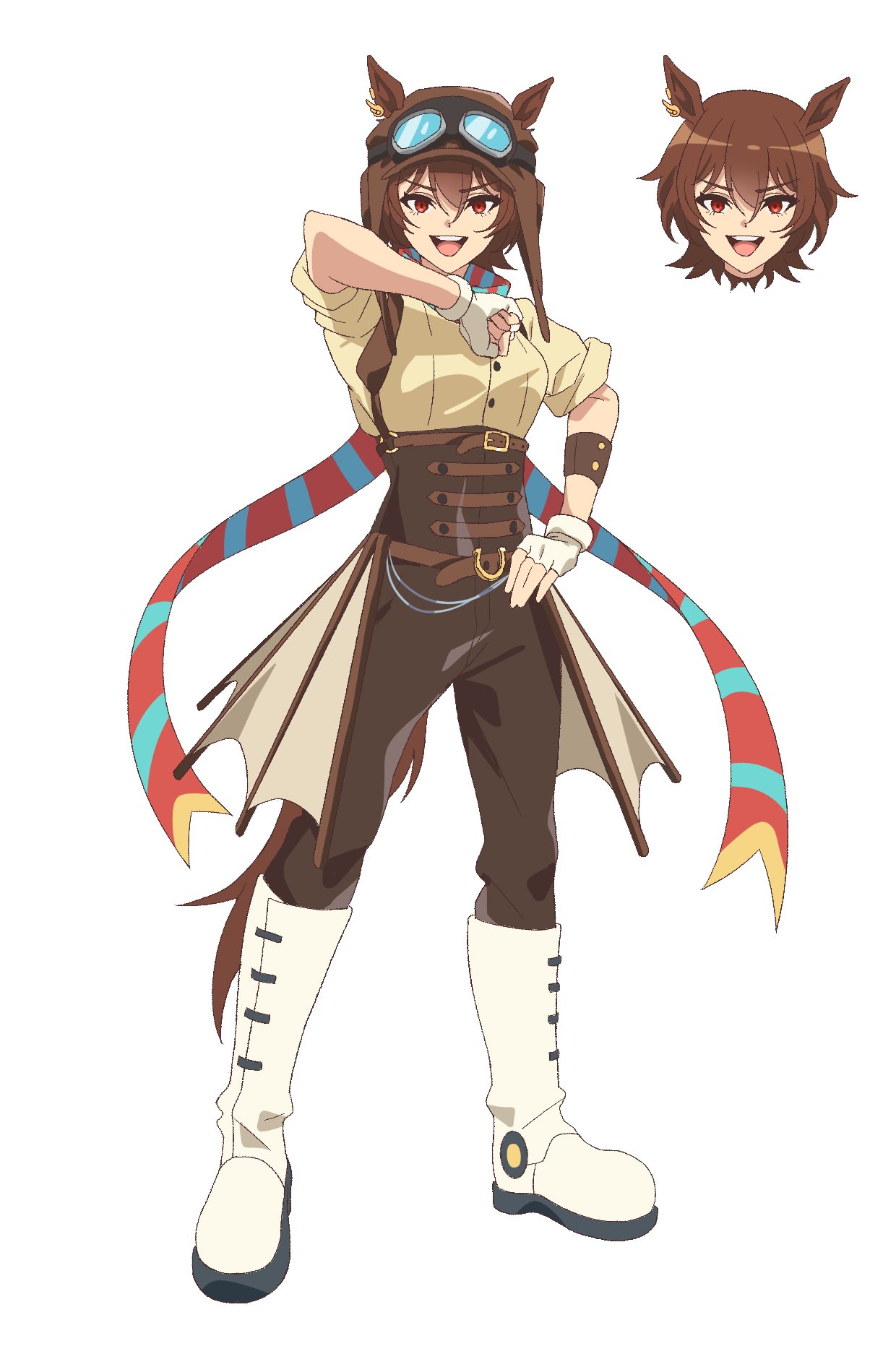 1girl, :d, agnes_flight_(racehorse), animal_ears, anime_coloring, aviator_cap, aviator_goggles, belt