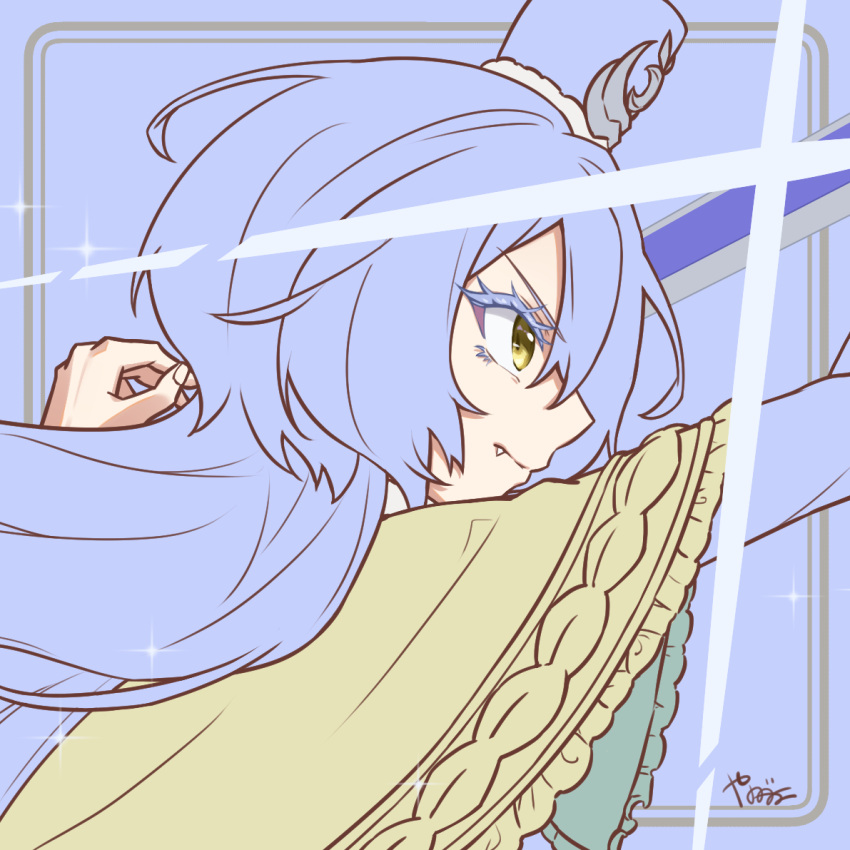 1girl, blue_hair, blue_hat, closed_eyes, closed_mouth, fang, glint, hat