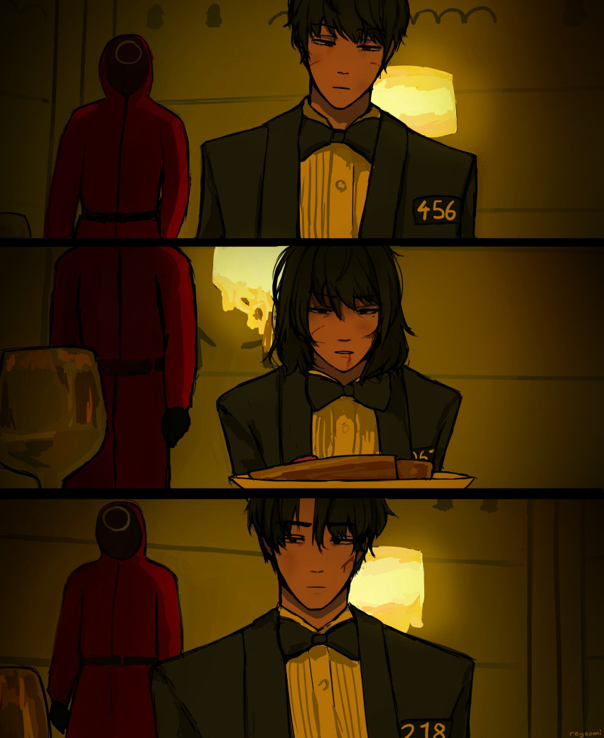 1girl, 2boys, absurdres, black_bow, black_bowtie, black_hair, black_jacket, blood