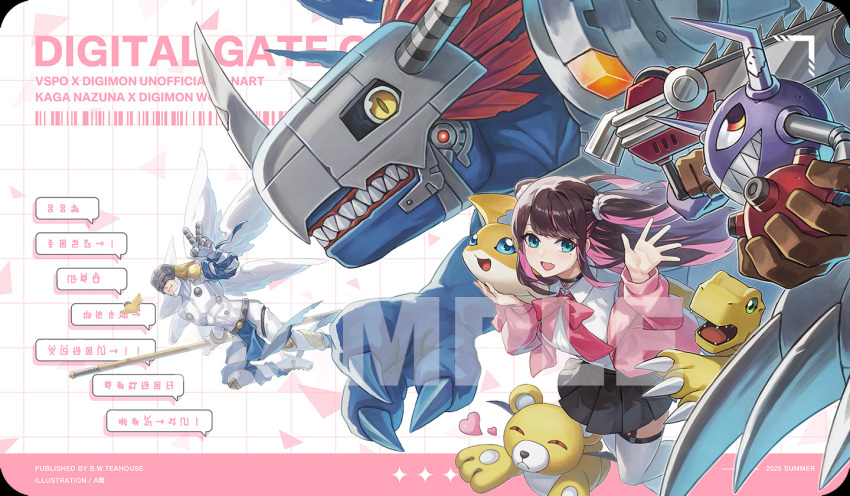 1boy, 1girl, a-er_(akkij0358), agumon, angemon, black_skirt, blonde_hair, blue_eyes