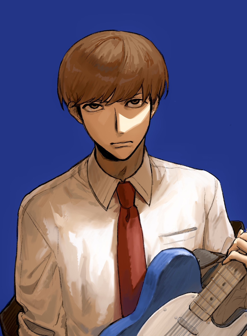 1boy, blue_background, bowl_cut, breast_pocket, brown_eyes, brown_hair, closed_mouth, collared_shirt