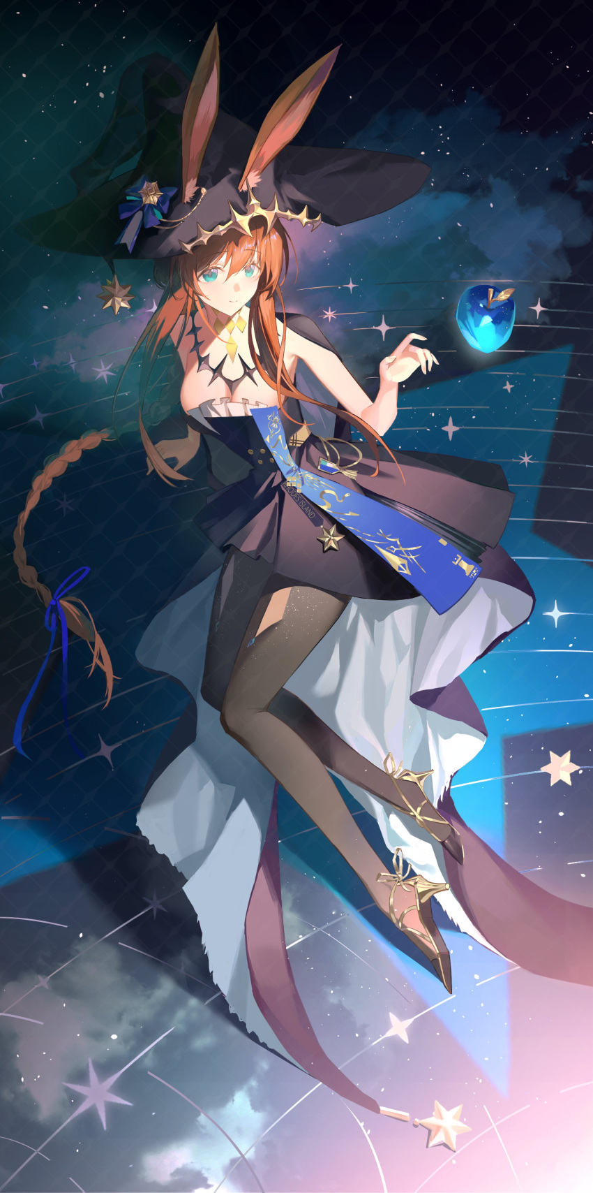 1girl, absurdres, amiya_(arknights), animal_ears, apple, arknights, black_cape, black_dress, black_hat, black_pantyhose, blue_eyes, blue_ribbon, braid, breasts, cape, dress, floating_hair, food, fruit, full_body, gold_shoes, hair_between_eyes, hair_ribbon, hat, high_heels, highres, medium_breasts, pantyhose, rabbit_ears, ribbon, senya8833, shoes, sidelocks, single_braid, solo, strappy_heels