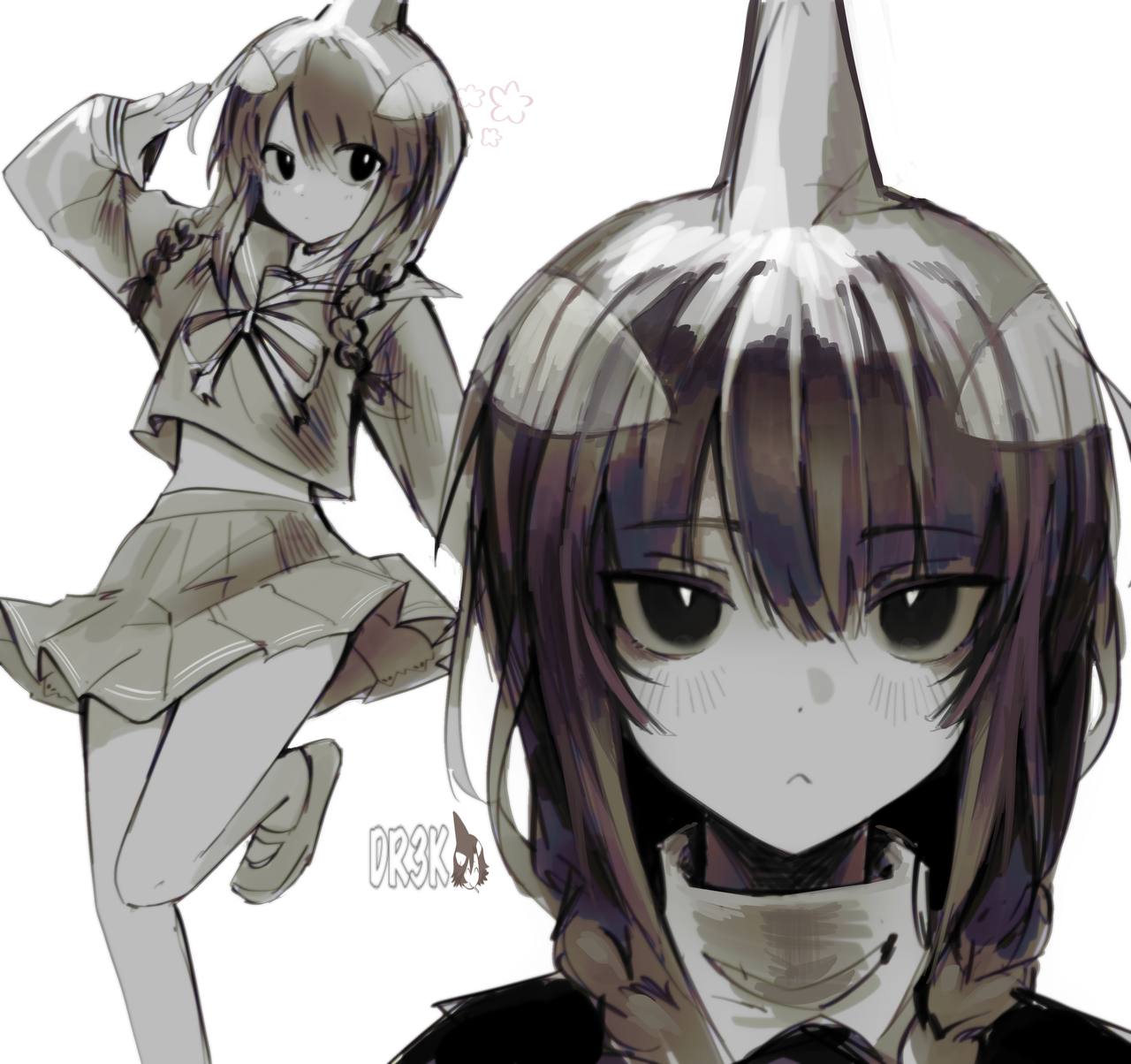 1girl, artist_logo, black_eyes, black_hair, black_sailor_collar, black_shirt, black_skirt, braid