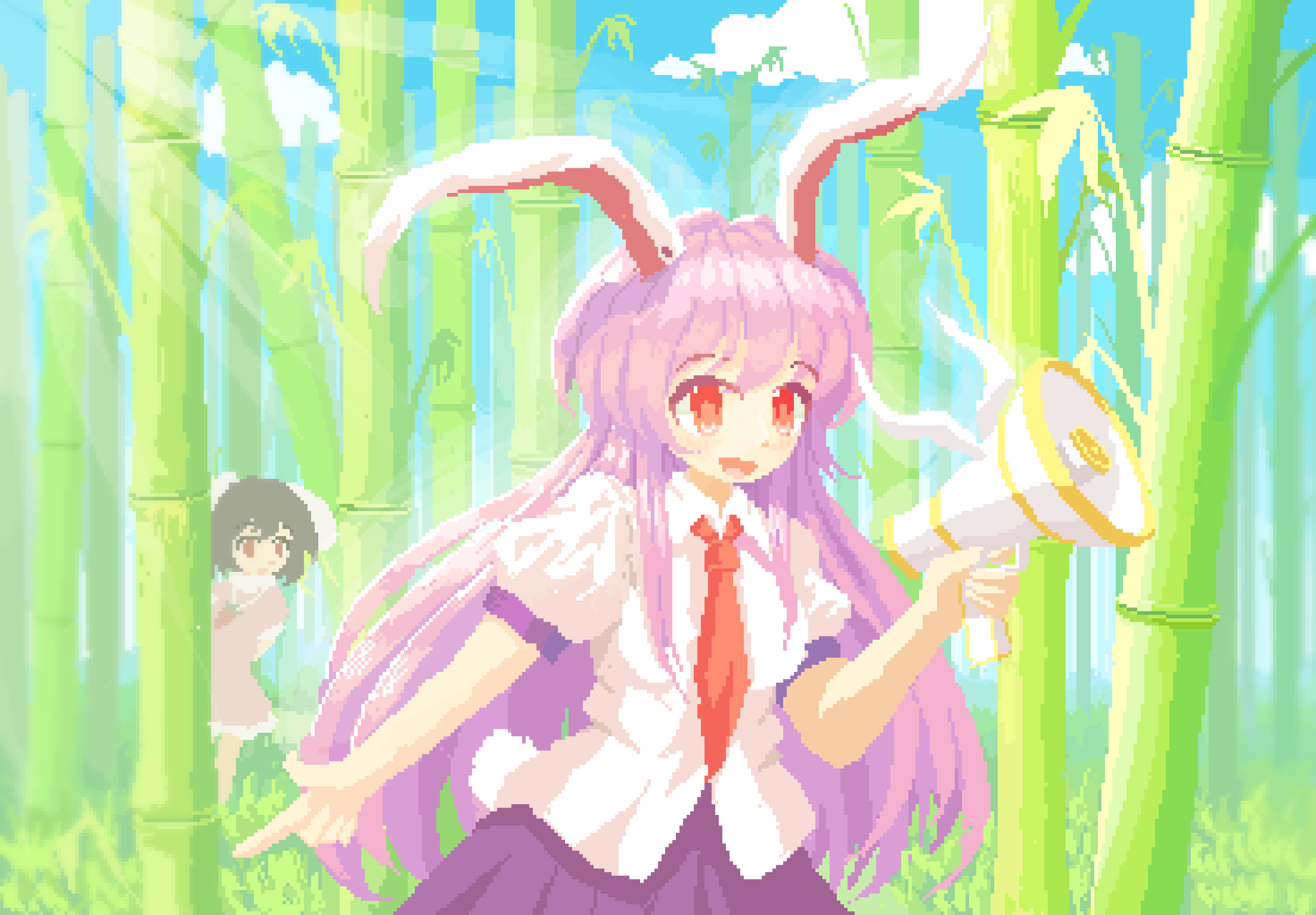 02charaice20, 2girls, absurdres, animal_ears, bamboo, bamboo_forest, brown_hair, carrot_necklace