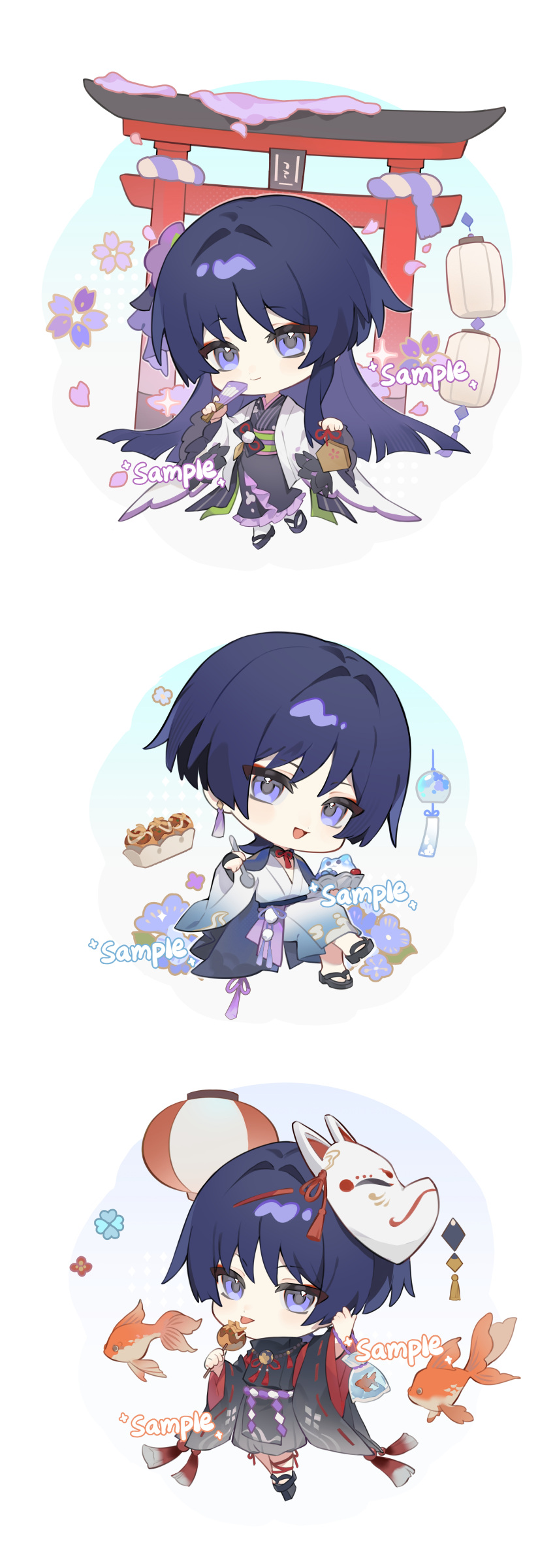3girls, absurdres, alternate_costume, alternate_hairstyle, architecture, blue_hair, chibi, chibi_only
