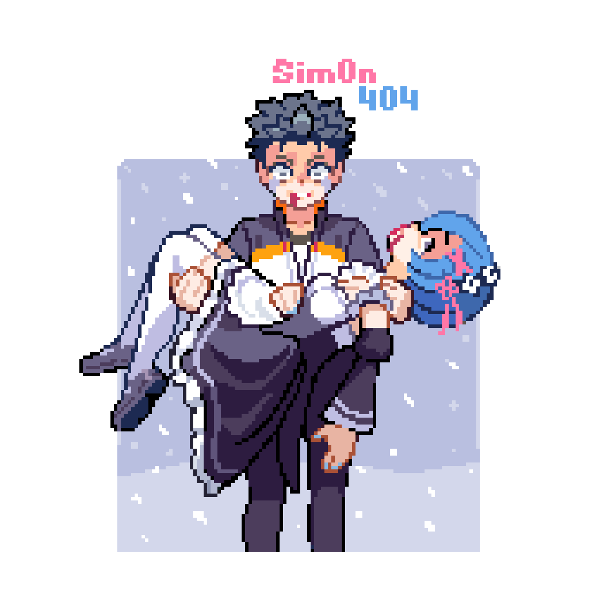 1boy, 1girl, artist_name, black_hair, blood, blood_from_mouth, blood_on_face, blue_hair, blue_nails, carrying, commentary, constricted_pupils, crying, detached_sleeves, frills, hair_ornament, highres, long_sleeves, maid, nail_polish, natsuki_subaru, pixel_art, princess_carry, re:zero_kara_hajimeru_isekai_seikatsu, rem_(re:zero), roswaal_mansion_maid_uniform, shoes, short_hair, sim0n404, snow, spiky_hair, streaming_tears, tears, thigh-highs, white_thighhighs, wide_sleeves, x_hair_ornament