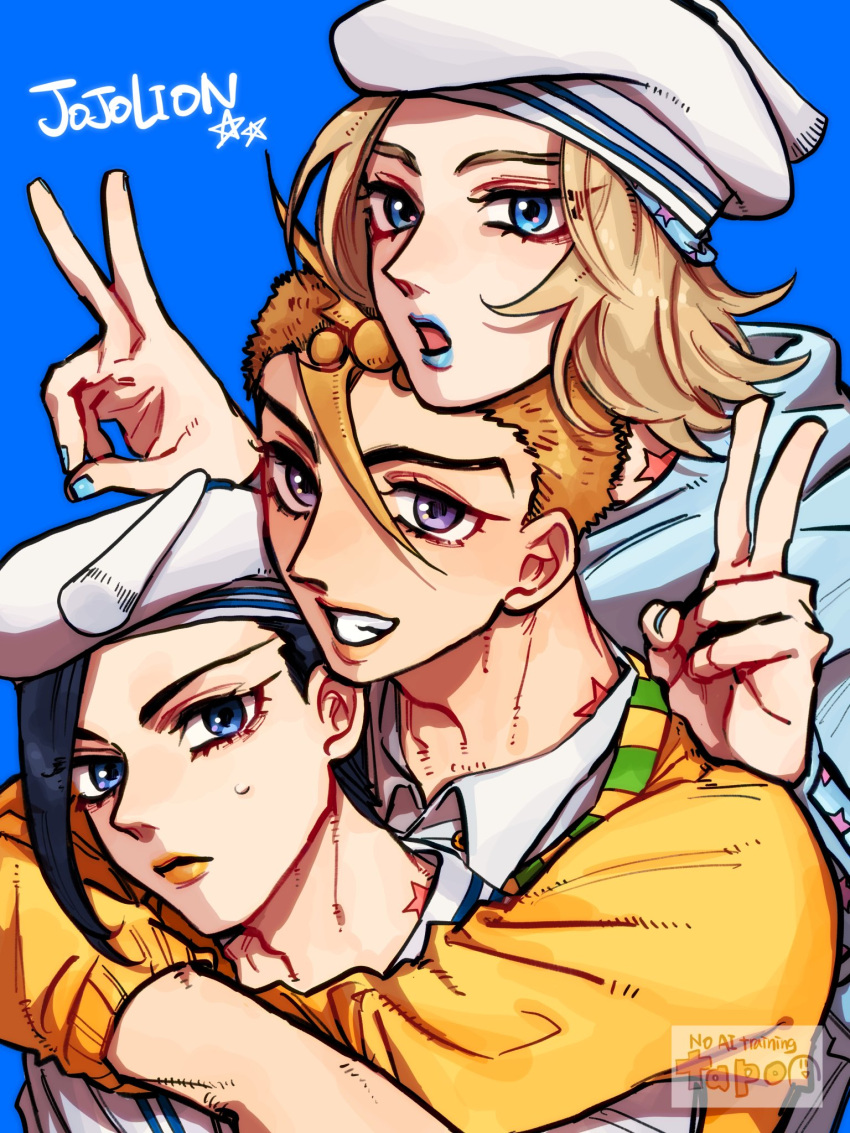 3boys, birthmark, black_hair, blonde_hair, blue_background, blue_eyes, blue_hoodie, blue_lips, blue_nails, collared_shirt, commentary_request, double_v, fumi_(jojolion), grandfather_and_grandson, grin, hat, highres, hood, hood_down, hoodie, hug, hug_from_behind, joestar_birthmark, johnny_joestar, jojo_2waka, jojo_no_kimyou_na_bouken, jojolion, kira_yoshikage_(jojolion), looking_at_viewer, makeup, multiple_boys, orange_hair, sailor, sailor_hat, shirt, short_hair, smile, star_(symbol), star_print, sweater, teeth, time_paradox, v, violet_eyes, white_hat, white_shirt, yellow_lips, yellow_sweater