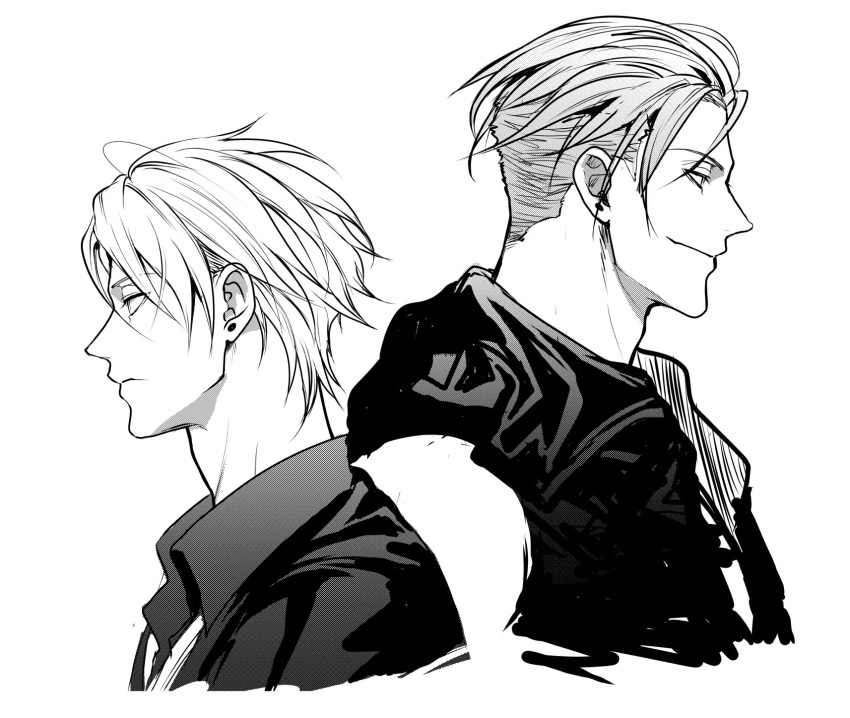 2boys, ahoge, back-to-back, bakshi_christensen, closed_mouth, collared_shirt, earrings, from_side