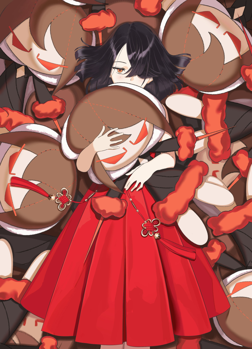 1girl, absurdres, bare_arms, bare_shoulders, black_hair, blush, brown_eyes, character_doll