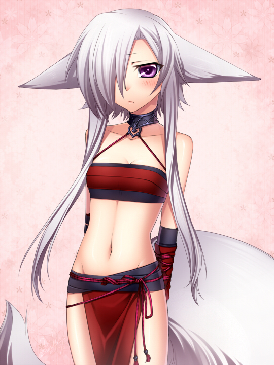 arms_behind_back, bare_shoulders, blush, hair_over_one_eye, kituneno-lullaby, konshin, long_hair, midriff