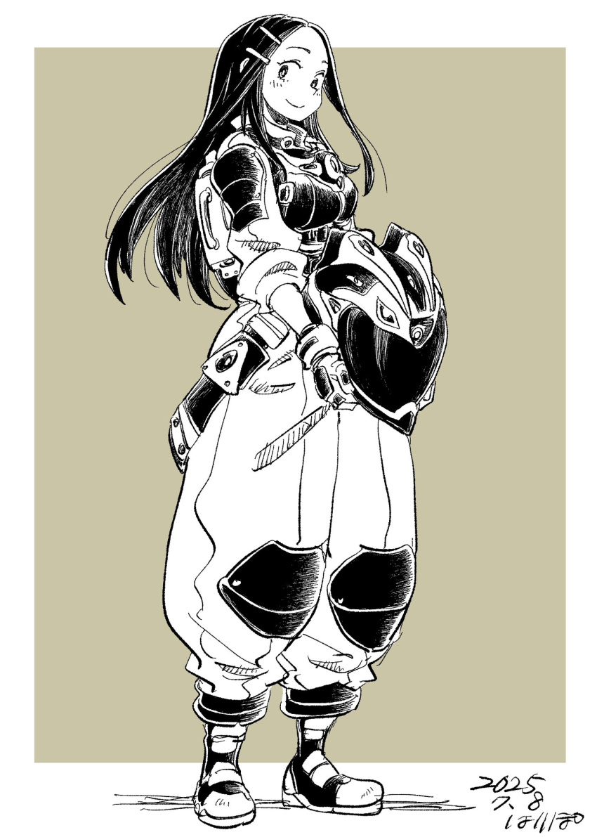 1girl, artist_name, backpack, bag, boots, breasts, brown_background, closed_mouth, commentary, dated, full_body, gloves, greyscale, greyscale_with_colored_background, hair_ornament, hairclip, hari_tabo42, helmet, highres, holding, holding_unworn_helmet, jacket, long_hair, looking_to_the_side, mecha_pilot_suit, medium_breasts, monochrome, original, puffy_pants, signature, sleeves_rolled_up, smile, solo, standing, unworn_headwear, unworn_helmet