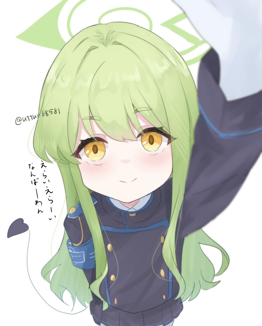 1girl, armband, black_tail, blue_archive, blue_armband, blush, commentary, demon_tail, gloves, green_hair, green_halo, halo, headpat, highres, hikari_(blue_archive), long_hair, looking_at_viewer, no_headwear, pov, pov_adoring, simple_background, smile, solo, solo_focus, tail, thick_eyebrows, translated, twitter_username, uttsu_(yumaviviane), wavy_hair, white_background, yellow_eyes