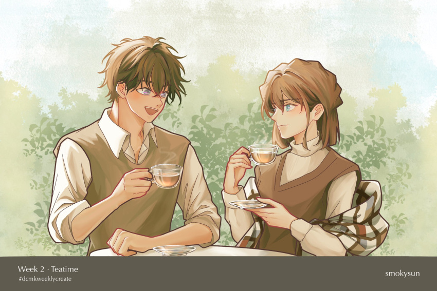 1boy, 1girl, aqua_eyes, artist_name, blue_eyes, border, brown_hair, brown_sweater_vest