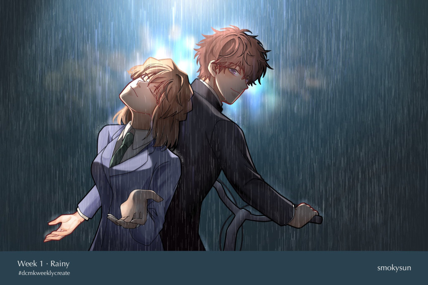 1boy, 1girl, artist_name, back-to-back, bicycle, black_jacket, black_necktie, blue_jacket