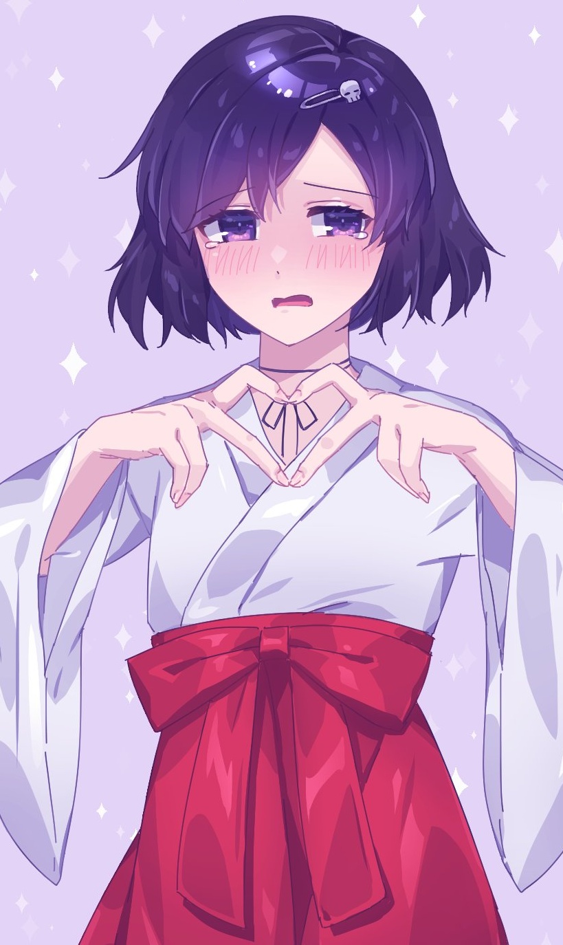 1boy, black_hair, blush, bob_cut, chihaya_(clothing), choker, crying, crying_with_eyes_open, fingernails, four-finger_heart_hands, hair_ornament, hairclip, hakama, hakama_skirt, heart, heart_hands, highres, imamiyajet, japanese_clothes, kosode, miko, open_mouth, red_hakama, ribbon_choker, ribbon_trim, science_adventure, short_hair, skirt, skull_hair_ornament, solo, steins;gate, tearing_up, tears, tongue, trap, urushibara_luka, violet_eyes, wide_sleeves