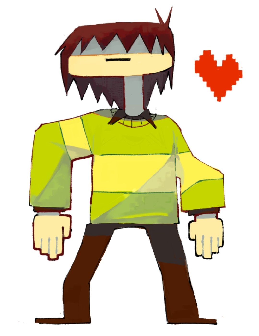 :|, brown_hair, brown_pants, brown_shirt, closed_mouth, deformed, deltarune, green_sweater, highres, kris_(deltarune), pants, pepponeppo, shirt, soul_(deltarune), sweater