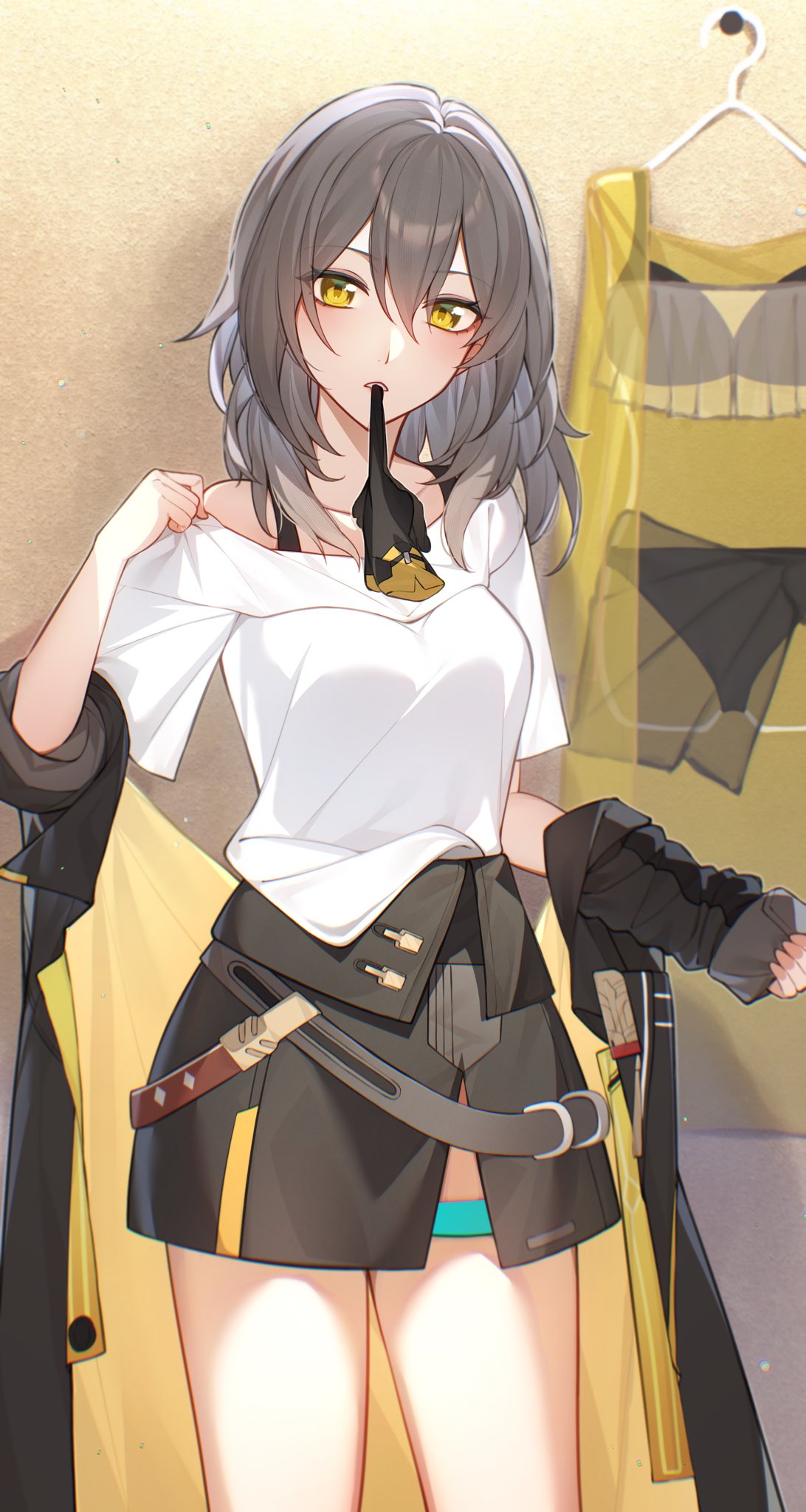 1girl, biting, biting_glove, black_gloves, black_jacket, black_skirt, breasts, clothes_down