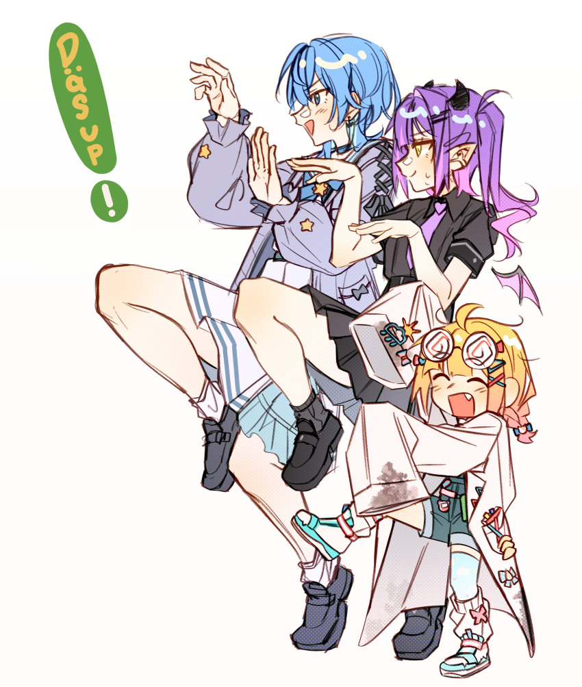 3girls, absurdres, aged_down, alternate_height, black_shirt, black_shoes, black_skirt, blonde_hair