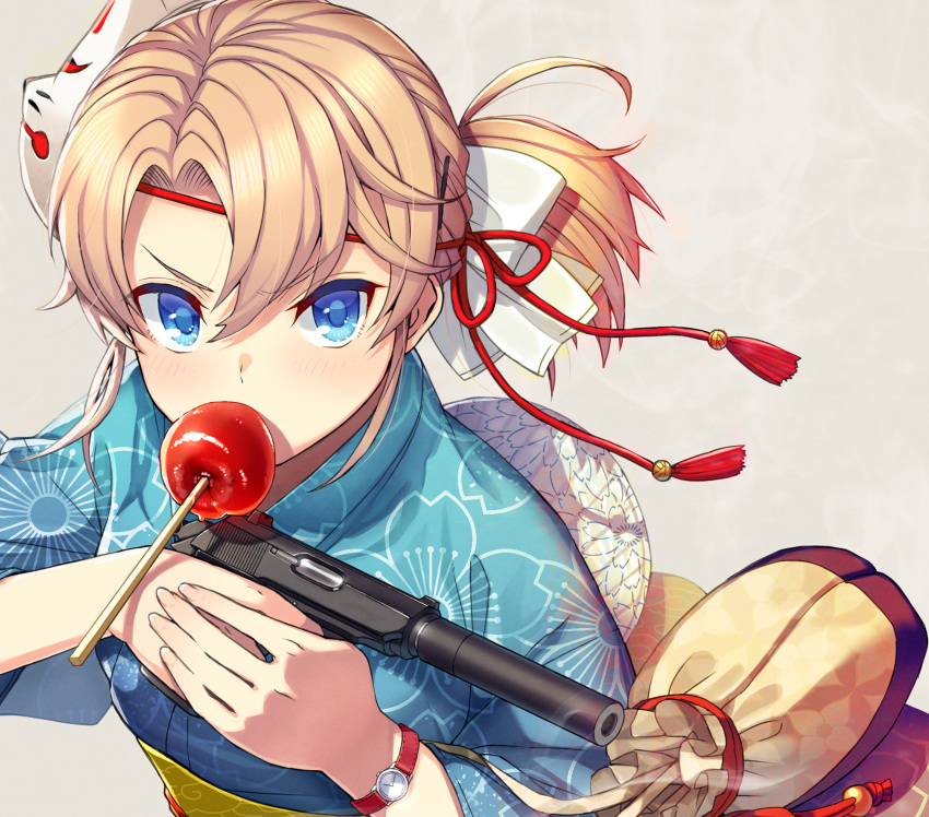 1girl, blonde_girl_(itou), blonde_hair, blue_eyes, blue_kimono, blush, bow, candy_apple, casing_ejection, center_axis_relock_stance, commentary, floral_print, food, food_in_mouth, fox_mask, grey_background, gun, hair_between_eyes, hair_bow, handgun, highres, holding, holding_gun, holding_weapon, itou_(onsoku_tassha), japanese_clothes, kimono, looking_at_viewer, mask, mask_on_head, mouth_hold, obi, original, ponytail, print_kimono, sash, shell_casing, short_ponytail, side_ponytail, simple_background, smoke, smoking_barrel, solo, suppressor, walther, walther_ppk, watch, watch, weapon, wide_sleeves, yukata