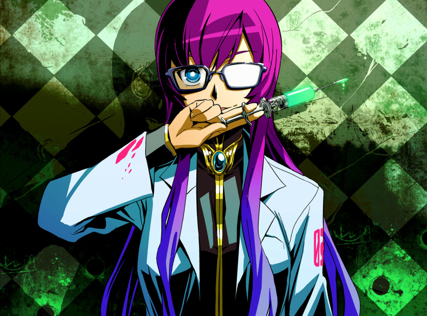 bespectacled, blood, blue_eyes, cthulhu_mythos, glasses, herbert_west, herbert_west_~_reanimator, labcoat, long_hair, lovecraft, maxgonta, megurine_luka, parody, pink_hair, re-animator, smile, solo, syringe, vocaloid