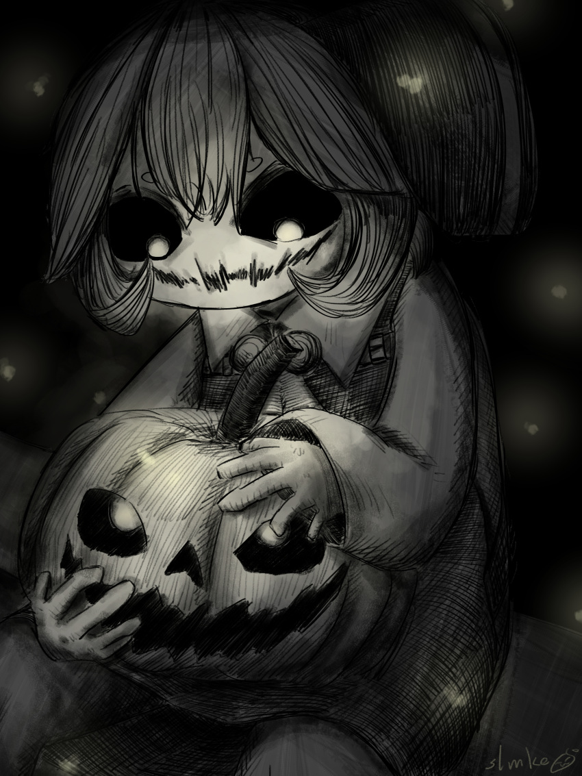 1girl, absurdres, apron, ascot, black_sclera, bow, bright_pupils, chinese_commentary, collared_shirt, colored_sclera, commentary_request, dark, fireflies, greyscale, hair_between_eyes, hair_bow, hair_ribbon, hatching_(texture), highres, holding, holding_pumpkin, jack-o'-lantern, long_sleeves, looking_at_object, looking_down, looking_up, monochrome, pumpkin, ribbon, rumia, shirt, short_hair, signature, sitting, slmke, smile, solo, touhou, wide_mouth