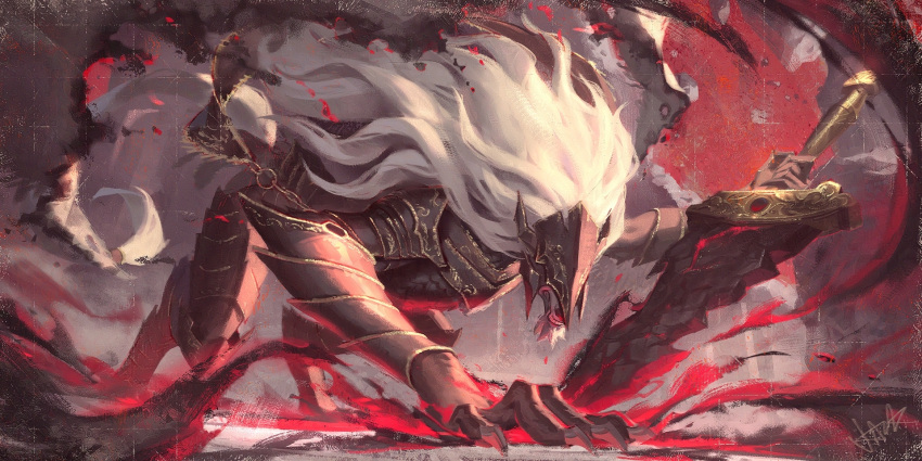 1boy, armor, armored_animal, black_armor, brush_stroke, commentary, covered_eyes, elden_ring