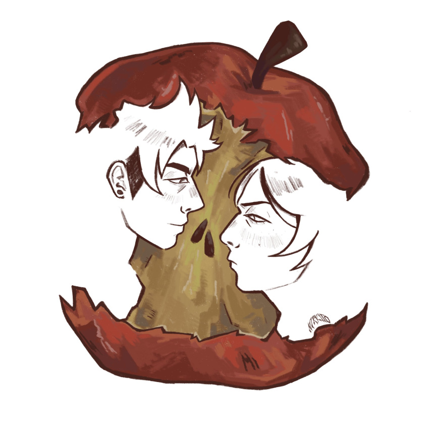 2boys, apple, apple_core, appletrend, food, from_side, fruit, highres, light_frown, light_smile, looking_at_another, multiple_boys, nam-gyu, nikkitoart, portrait, sideburns, simple_background, spiky_hair, squid_game, squinting, superimposition, thanos_(squid_game), white_background