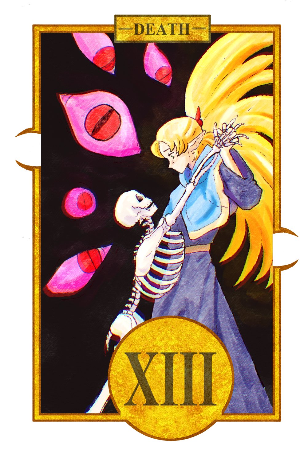 1girl, blonde_hair, blue_capelet, blue_eyes, blue_robe, bow, capelet, commentary, dancing, death_(tarot), dungeon_meshi, endocix, english_commentary, hair_bow, highres, holding_hands, long_hair, looking_at_another, marcille_donato, pointy_ears, robe, skeleton, slit_pupils, tarot, too_many_eyes, very_long_hair