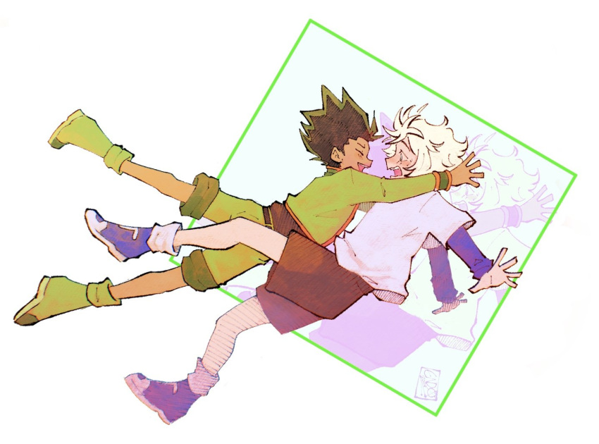 2boys, black_shoes, blush, closed_eyes, endocix, falling, freckles, full_body, gon_freecss, green_hair, green_shirt, green_shorts, grin, hunter_x_hunter, incoming_hug, killua_zoldyck, multiple_boys, purple_sleeves, reaching, reaching_towards_another, shirt, shoes, short_hair, shorts, smile, sneakers, spiky_hair, spread_fingers, white_hair, white_shirt, zoom_layer