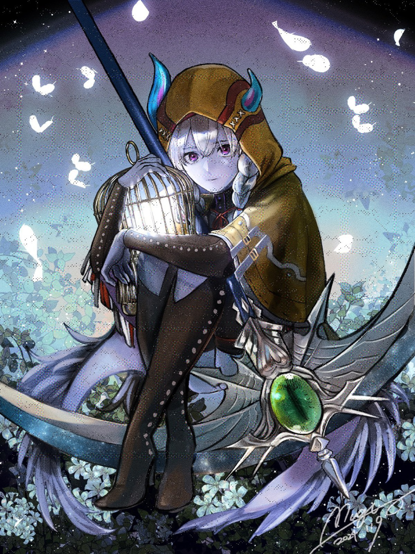 1girl, another_eden, asymmetrical_horns, birdcage, black_boots, blue_skin, boots, braid, brown_hood, cage, capelet, colored_skin, crossed_ankles, demon_girl, demon_horns, falling_feathers, feathers, full_body, hair_between_eyes, high_heel_boots, high_heels, highres, holding, holding_cage, holding_scythe, hood, hood_up, hooded_capelet, horns, hugging_own_legs, komugiko_no_mori, long_hair, mazrika_(another_eden), scythe, side_braid, solo, violet_eyes, white_hair
