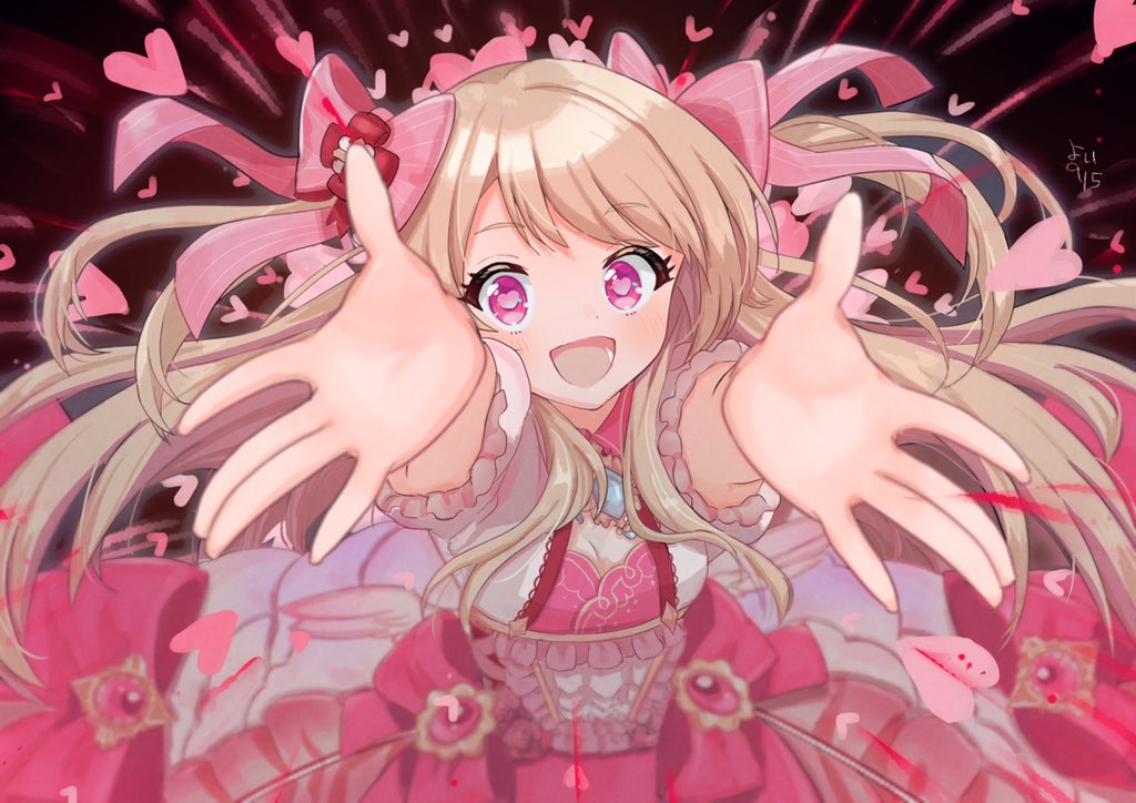 1girl, blonde_hair, breasts, chaos_marie_(grimms_notes), cleavage_cutout, clothing_cutout, corset, diamond_necklace, frilled_corset, frilled_skirt, frilled_sleeves, frills, gem, grimms_notes, heart, heart-shaped_pupils, light_blush, long_hair, looking_at_viewer, lpf7vs08jtpsecp, open_mouth, outstretched_arms, pink_eyes, pink_frills, puffy_short_sleeves, puffy_sleeves, red_corset, revision, shirt, short_sleeves, skirt, smile, solo, symbol-shaped_pupils, upper_body, white_shirt, wings