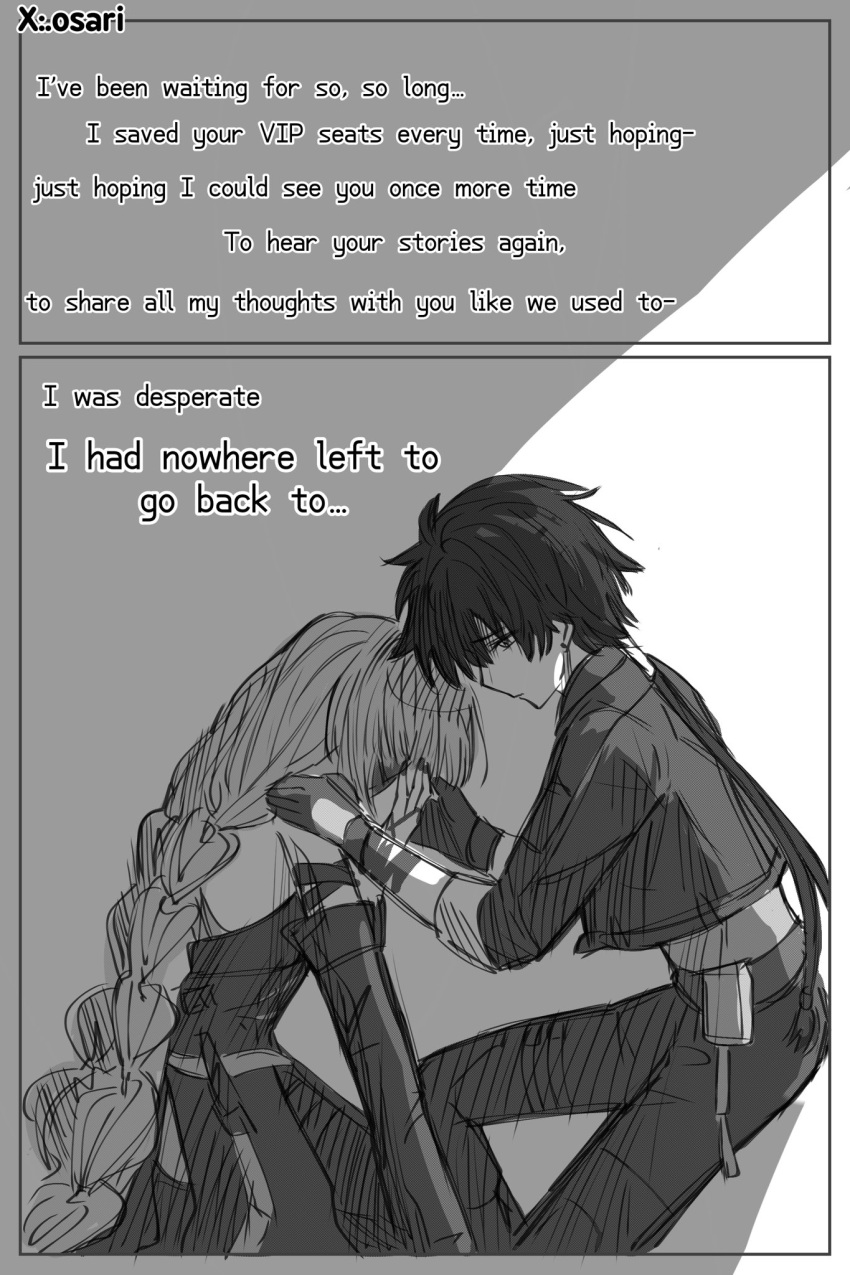 .osari, 1boy, 1girl, alternate_universe, comforting, crying, detached_sleeves, dress